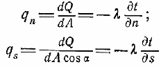 Перпендикуляр до цих ізотермам позначений променем п, який є також перпендикуляром і до елементу площі dА, Потік тепла по перпендикуляру і в напрямку S можна обчислити таким чином: