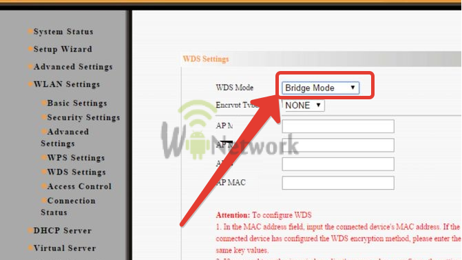 Якщо роутер може підтримувати з'єднання моста, то відкривши конфігурацію Network Mode (Wireless Mode / Connection Type), виберете Bridge Mode (Repeater Mode / Repeater Bridge)