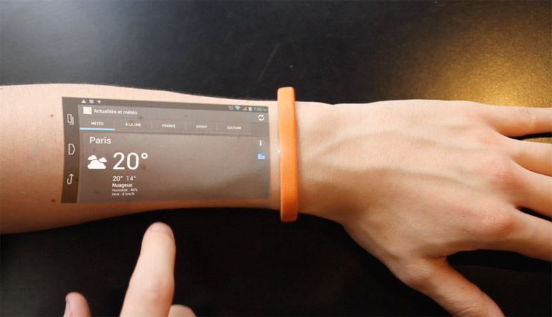 Таким чином, браслет може проектувати екран мобільного девайса на шкіру руки користувача і передавати отримані команди по бездротовому зв'язку